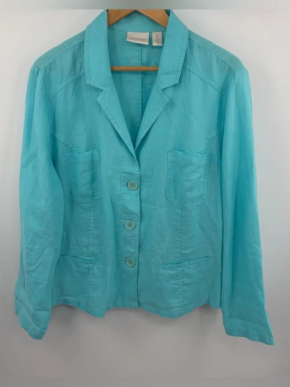 Chico’s linen light blue 3 button jacket women’s 3/XL resort mature lightweight